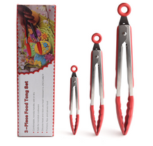 Load image into Gallery viewer, Set of 3 Silicone Barbeque Tongs Stainless Steel Kitchen Tongs