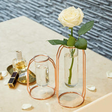 Load image into Gallery viewer, Set of 2 Centrepiece Vases with Metal Stand Cylinder Clear Vases for Flowers Decoration