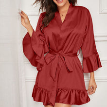 Load image into Gallery viewer, Women's Ruffle Hem Belted Satin Kimono Robe