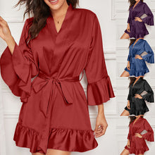 Load image into Gallery viewer, Women's Ruffle Hem Belted Satin Kimono Robe