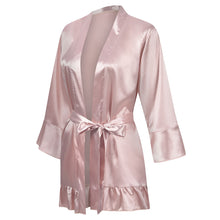 Load image into Gallery viewer, Women's Ruffle Hem Belted Satin Kimono Robe