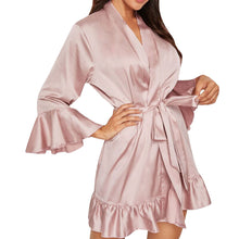 Load image into Gallery viewer, Women's Ruffle Hem Belted Satin Kimono Robe