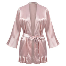 Load image into Gallery viewer, Women's Ruffle Hem Belted Satin Kimono Robe