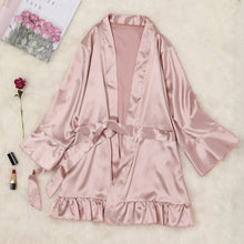 Load image into Gallery viewer, Women's Ruffle Hem Belted Satin Kimono Robe