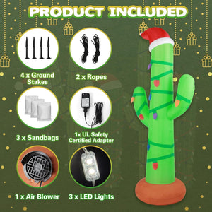 Christmas Inflatables Outdoor Decorations 7ft Giant Blow Up Cactus Yard Decoration Built-in LED Lights