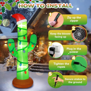 Christmas Inflatables Outdoor Decorations 7ft Giant Blow Up Cactus Yard Decoration Built-in LED Lights