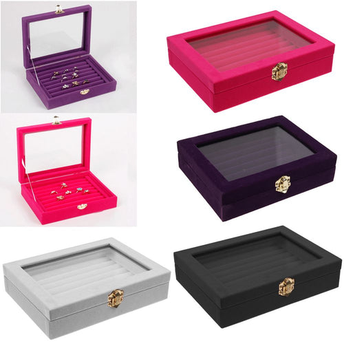 Velvet Glass Jewelry Ring Display Organizer Case Tray Holder Earring Storage Box