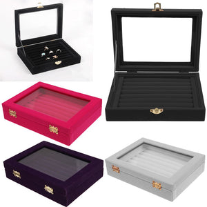 Velvet Glass Jewelry Ring Display Organizer Case Tray Holder Earring Storage Box
