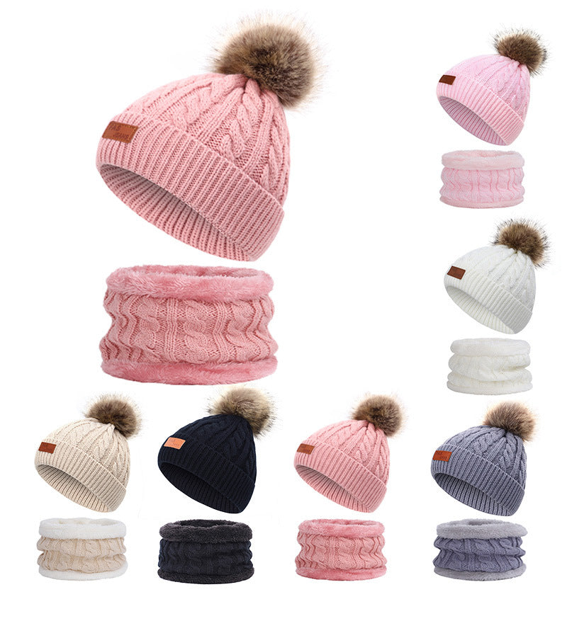 Two pieces Hat Scarf Set Beanie Cap Children's Hats Girls Caps Ball Pompon Knitted Hat