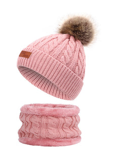 Two pieces Hat Scarf Set Beanie Cap Children's Hats Girls Caps Ball Pompon Knitted Hat