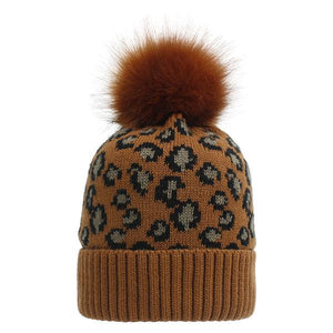 Women Winter Knit Leopard Beanie Cap Hat