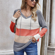 Load image into Gallery viewer, Autumn V Neck Patchwork Hooded Sweater Casual Long Sleeve Knitted Sweater