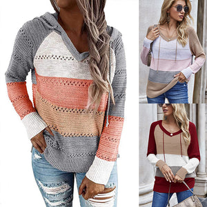 Autumn V Neck Patchwork Hooded Sweater Casual Long Sleeve Knitted Sweater