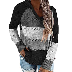 Autumn V Neck Patchwork Hooded Sweater Casual Long Sleeve Knitted Sweater
