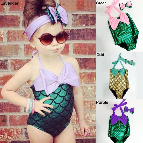 2 Pcs/ Set Swimwear+ Hairband Girls Mermaid Bikini Set Swimwear Swimsuit Bathing Suit Costume Kids Toddler Girls Bathing Suits