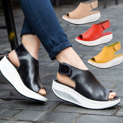 Summer Women Velcro Sandles Fish Mouth Wedges Shoes Ladies Leather Shake Shoes