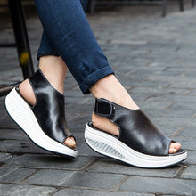 Load image into Gallery viewer, Summer Women Velcro Sandles Fish Mouth Wedges Shoes Ladies Leather Shake Shoes