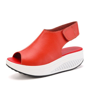 Summer Women Velcro Sandles Fish Mouth Wedges Shoes Ladies Leather Shake Shoes