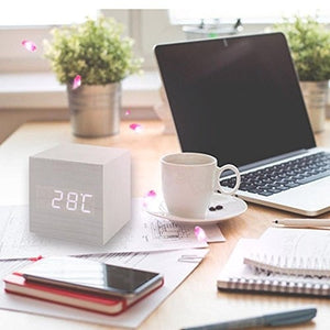 Ultra Modern Wooden LED Clock Square Cube Digital Alarm Clock with Thermometer