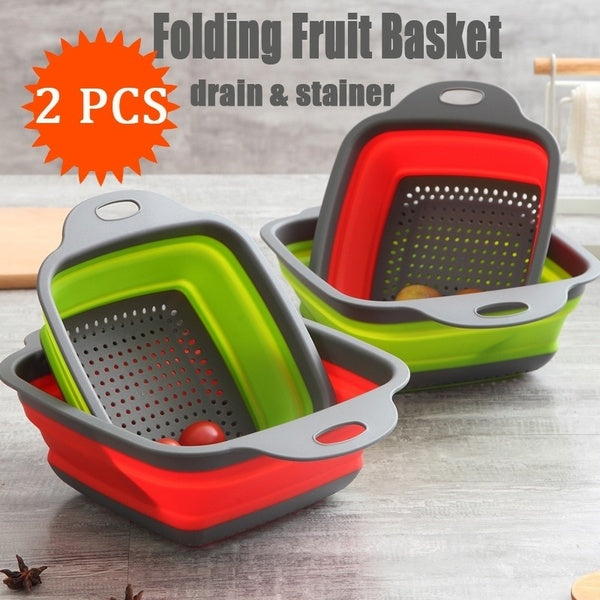 2PCS Home Kitchen Fruit Vegetable Washing Drain Basket Foldable Collapsible Colander Strainer Bowl