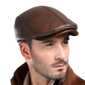 Men's Real Cowhide Leather Beret Hunting Cap Beanie Trucker Cap Mens Sports Hat