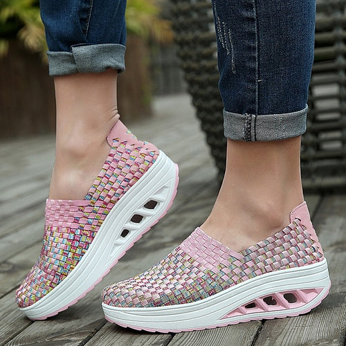 Women Fashion Handmade Sport Slim Sneaker Breathable Thick Bottom Non-slip Light Braided Shoes