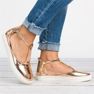 Women Flats Loafers Cutout Casual Leather Shoes T-Strap Sneakers
