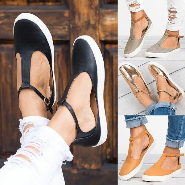 Women Flats Loafers Cutout Casual Leather Shoes T-Strap Sneakers
