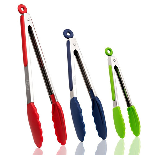 Set of 3 Silicone Barbeque Tongs Stainless Steel Kitchen Tongs