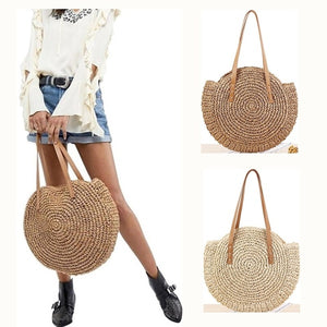 Summer New Fashion Outdoor Circular Beach Straw Braided Woven Beach Bag Travel Sling Bag Tote Bag