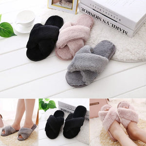 New Fashion Women's Cross Fluffy Slippers Slim Cotton Slippers Flat Slippers Home