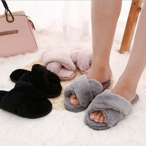 New Fashion Women's Cross Fluffy Slippers Slim Cotton Slippers Flat Slippers Home
