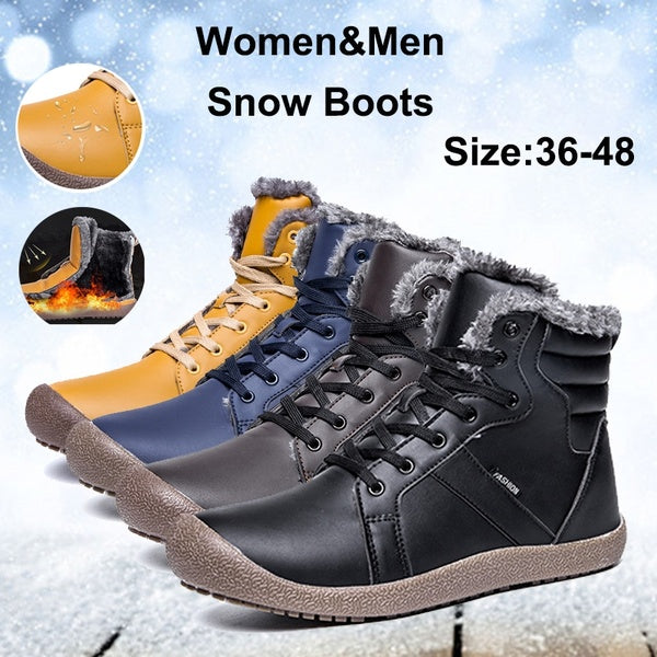 Men Women Lace Up Waterproof Outdoor Anti-Slip Faux Fur Lined Ankle Snow Boots