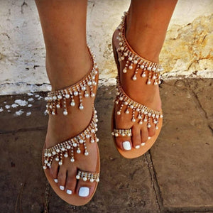 Vintage Boho Sandals Women Leather Beading Flat Sandals Women Bohimia Beach Sandals Shoes Plus Size