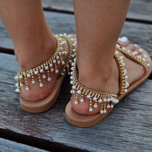 Vintage Boho Sandals Women Leather Beading Flat Sandals Women Bohimia Beach Sandals Shoes Plus Size