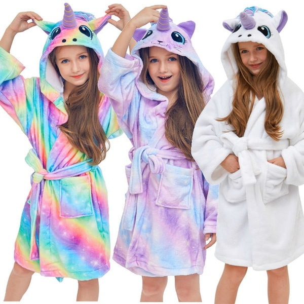 Kids Unicorn Hooded Robe Fleece Hoody Sleepwear Pajamas