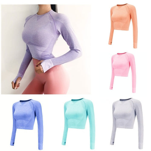Women Cropped Seamless Long Sleeve Top Sports Wear for Women Gym Yoga Shirt