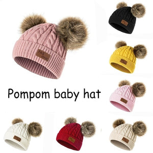 Children Winter Hat Knitted Beanies Double Hairball Thick Baby Hat