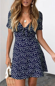 Women Dress Polka Dot Mini Dress V-neck Short Sleeve Summer Beach Dresses