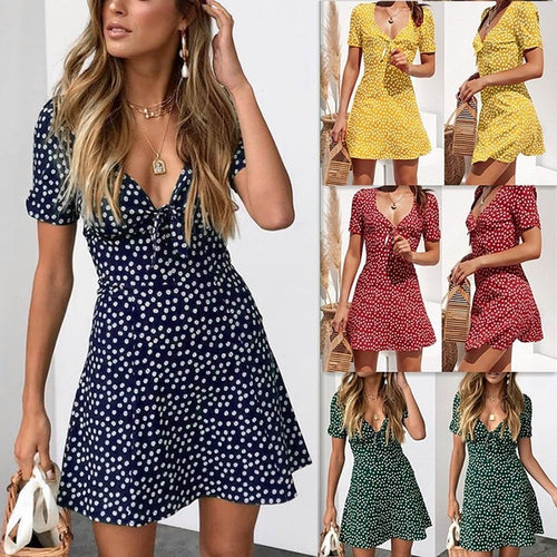 Women Dress Polka Dot Mini Dress V-neck Short Sleeve Summer Beach Dresses
