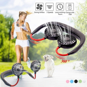 Portable Mini Fan Double Wind Heads Neckband Fan with USB Rechargeable for Traveling Outdoor Sports