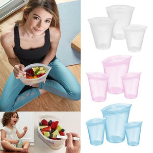 3Pcs Reusable Silicone Food Storage Bags Zip Top Leakproof Containers