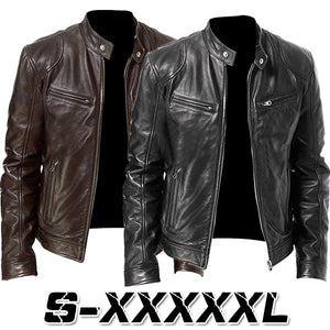 Men Vintage Cool Motorcycle Jacket Leather Long Sleeve Autumn Winter Coat