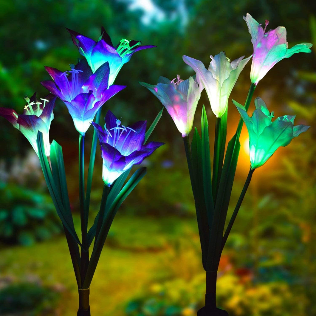 LED Solar Lily Flower Lights 2 Pack 8-Head 7 Color Changing Outdoor Garden Stake Lamps