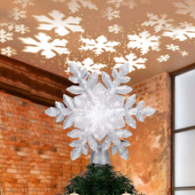 Load image into Gallery viewer, Christmas Tree Topper Lighted with White Snowflake Projector 3D Glitter Lighted Sliver Snow Tree Topper