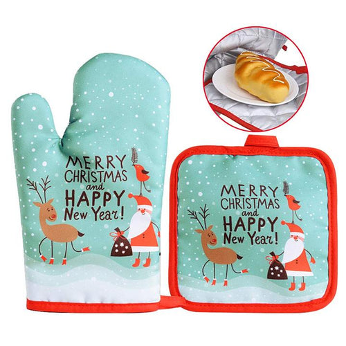 2 Pcs/Set Christmas Baking Anti-Hot Gloves Oven Dining BBQ Kitchen Mat