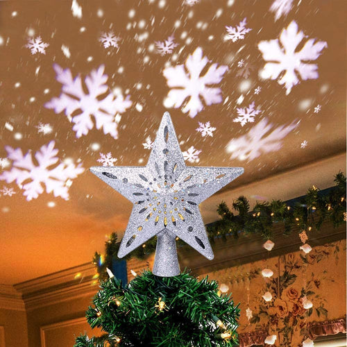 Christmas Tree Topper Lighted Star Tree Toppers with LED Rotating Snowflake Projector Lights