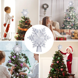 Christmas Tree Topper Lighted with White Snowflake Projector 3D Glitter Lighted Sliver Snow Tree Topper