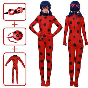 Girls Miraculous Ladybug Marinette Halloween Cosplay Costume jumpsuit Mask+Bag