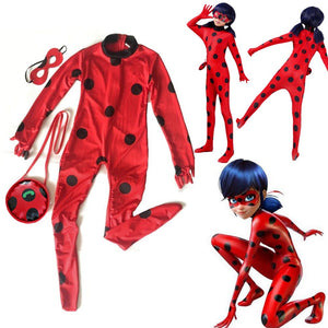 Girls Miraculous Ladybug Marinette Halloween Cosplay Costume jumpsuit Mask+Bag